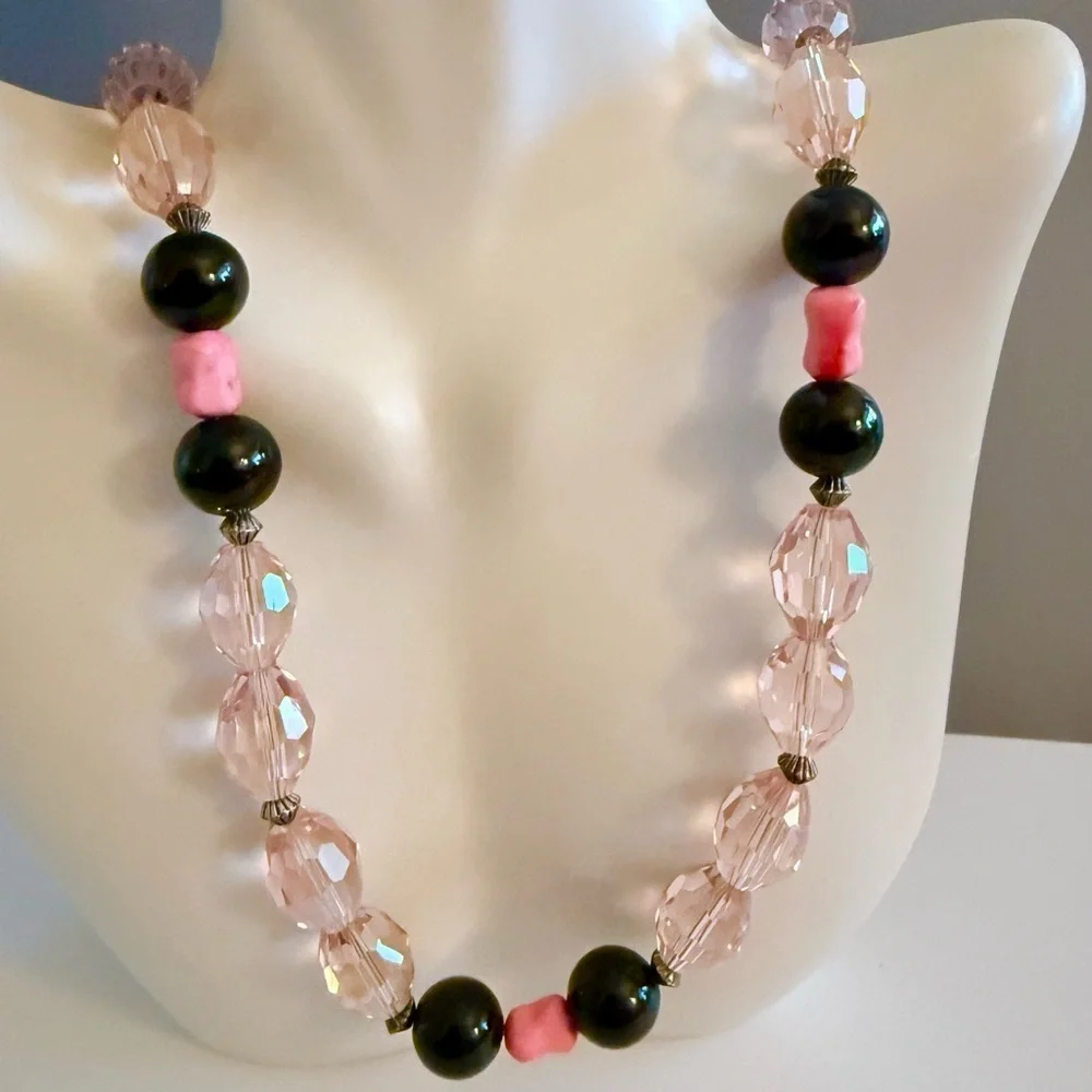 Estate Pink Crystal and Black Obsidian Toggle Necklace STUNNING